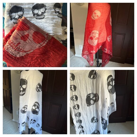 2 Long lightweight spooky skull theme shawls scarves White w/black and Red w/bei - Picture 1 of 7